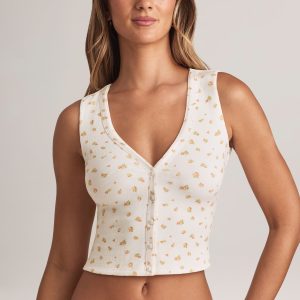 Modal Ribbed Button-Up Vest Top in Floral Print