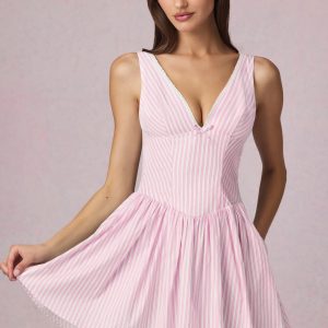 Bow-Detail A-Line Mini Dress in Soft Mauve Stripe