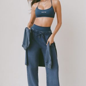 Cotton Jersey Acid Wash Mid-Rise Wide-Leg Joggers in Blue