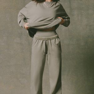 Soft Cotton Mid-Rise Wide-Leg Joggers in Light Green