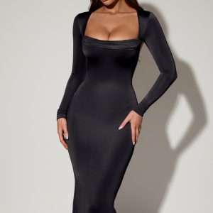 Cowl-Neck Long-Sleeve Midaxi Dress in Black