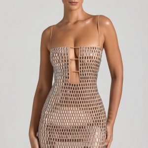 Embellished Cut-Out Mini Dress in Honey