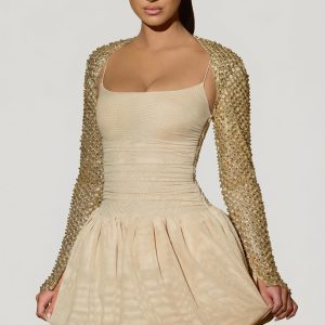 Embellished Bubble Hem Mini Dress in Gold