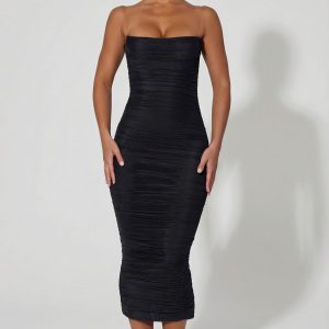 Ruched Backless Bodycon Midaxi Dress in Black