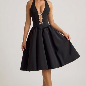 Halterneck Bow-Detail Midi Dress in Black