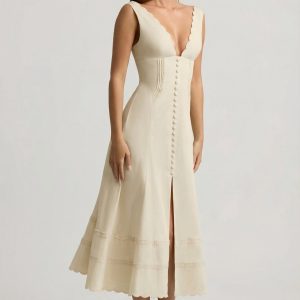Cotton-Poplin A-Line Midaxi Dress in Ivory