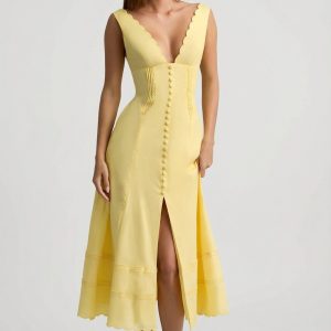 Cotton-Poplin A-Line Midaxi Dress in Pastel Yellow