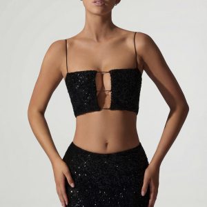 Embellished Cut-Out Crop Top in Black