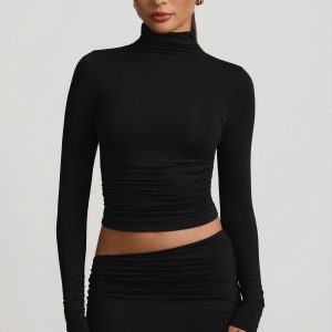 Modal Ruched Backless Turtleneck Top in Black