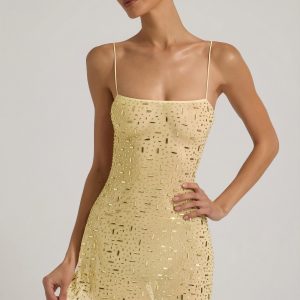 Sheer Embellished Square-Neck Mini Dress in Yellow