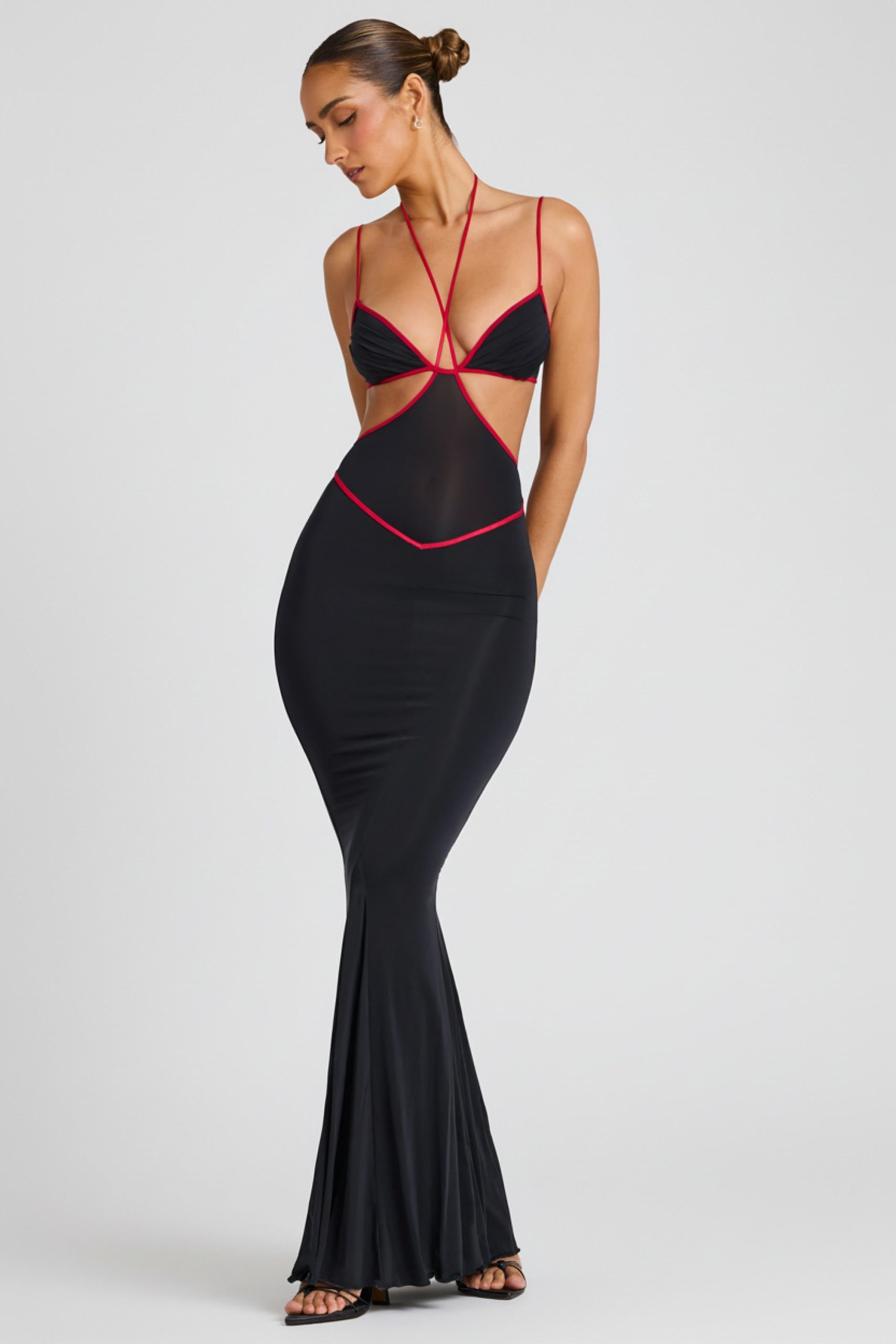 Contrast Binding Cut Out Evening Gown in Black - Image 7