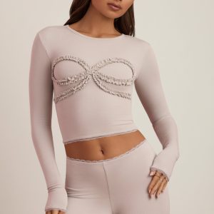 Modal Lace-Trim Appliqué Pyjama Top in Cloud Grey