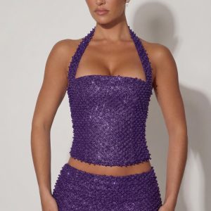 Embellished Halterneck Corset Top in Purple