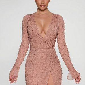 Embellished Wrap Over A-Line Mini Dress in Beige