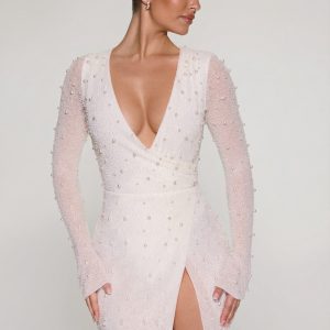Embellished Wrap Over A-Line Mini Dress in Ivory