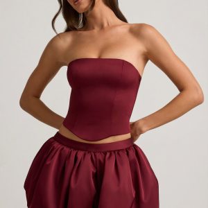 Bubble Hem Mid-Rise Mini Skirt in Wine Red