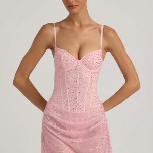 Semi-Sheer Embellished Draped Corset Mini Dress in Pink
