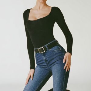 Seamless Long-Sleeve Bodysuit in Black