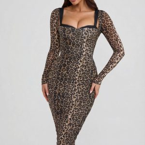 Layered Bra-Detail Ruched Midaxi Dress in Leopard Print
