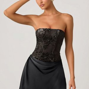 Embellished Draped Strapless A-Line Mini Dress in Black