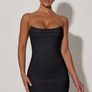 Ruched Backless Bodycon Mini Dress in Black