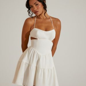 Halter Neck Cut Out Mini Dress in White