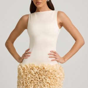 Satin Floral Appliqu?? Open-Back Mini Dress in Ivory