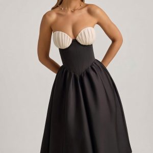 Strapless Corset Midi Dress in Black