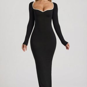 Modal Contrast-Trim Maxi Dress in Black