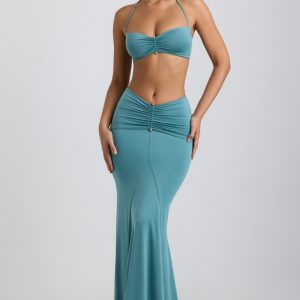 Slinky Jersey Hardware Detail Maxi Skirt in Sea Green