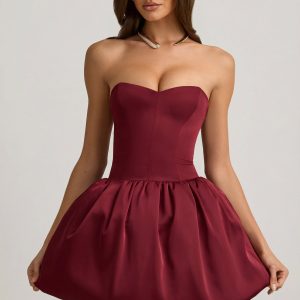 Convertible Bow-Detail Bubble Hem Midaxi Dress in Wine Red