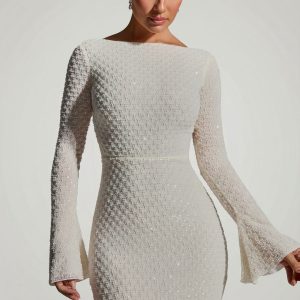 Embellished Open-Back A-Line Mini Dress in White