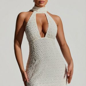 Embellished Scarf-Detail Halterneck Mini Dress in White
