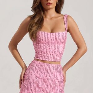 Embellished Low-Rise Mini Skirt in Pink