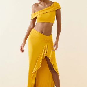 Asymmetric Ruffled Low-Rise Maxi Skirt in Golden Yellow