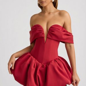 Off-Shoulder Layered Bubble Hem Corset Mini Dress in True Red