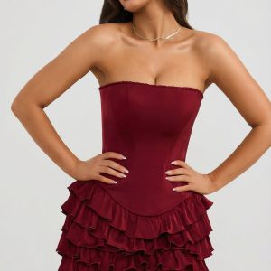 Bandeau Ruffled Tiered Corset Mini Dress in Berry Red