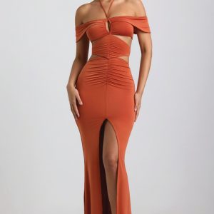 Slinky Jersey Cut-Out Halterneck Gown in Burnt Orange
