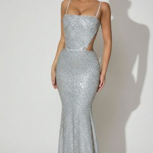 Embellished Cut-Out Gown in Silver