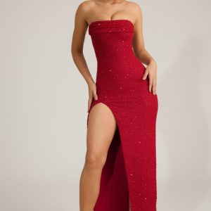 Embellished Strapless Cowl-Neck Maxi Dress in True Red
