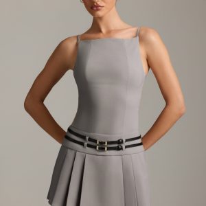 Belted Backless Pleated Mini Dress in Grey
