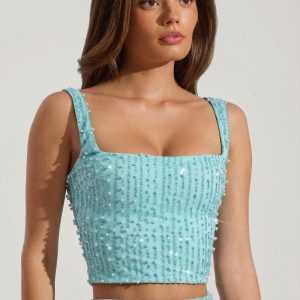 Embellished Square-Neck Crop Top in Aqua Blue