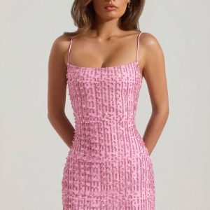 Embellished Scoop-Neck Bodycon Mini Dress in Pink