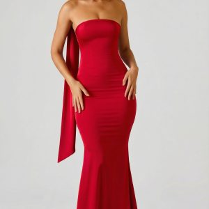 Scarf-Detail Strapless Gown in Scarlet Red