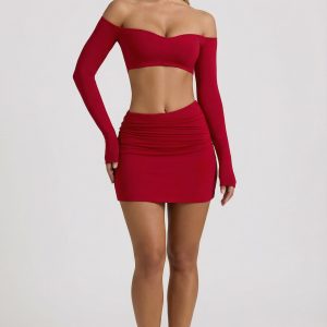 Modal Asymmetric-Waist Mini Skirt in Red