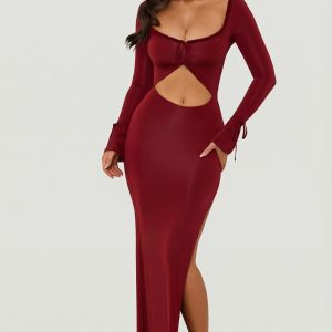 Ruffle-Trim Cut-Out Maxi Dress in Berry Red