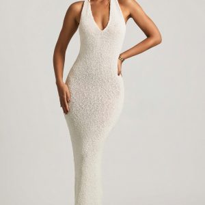Bouclé Halterneck Maxi Dress in White