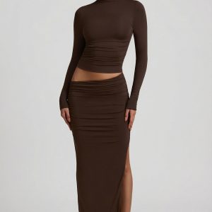 Modal Asymmetric-Waist Maxi Skirt in Chocolate Brown