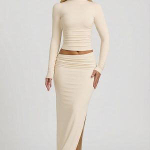 Modal Asymmetric-Waist Maxi Skirt in Ivory