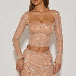 Embellished Bow-Detail Top in Almond